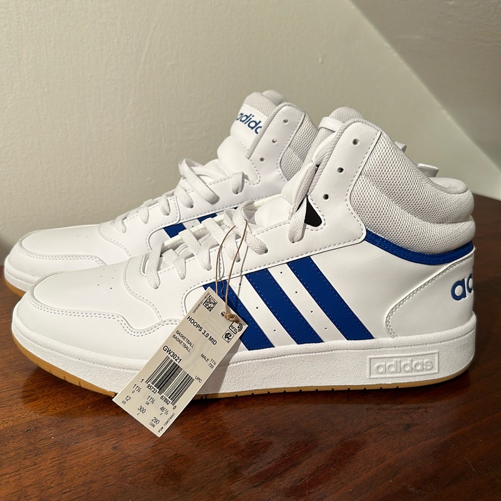 Adidas men’s Hoops 3.0 mid shoe white and royal blue